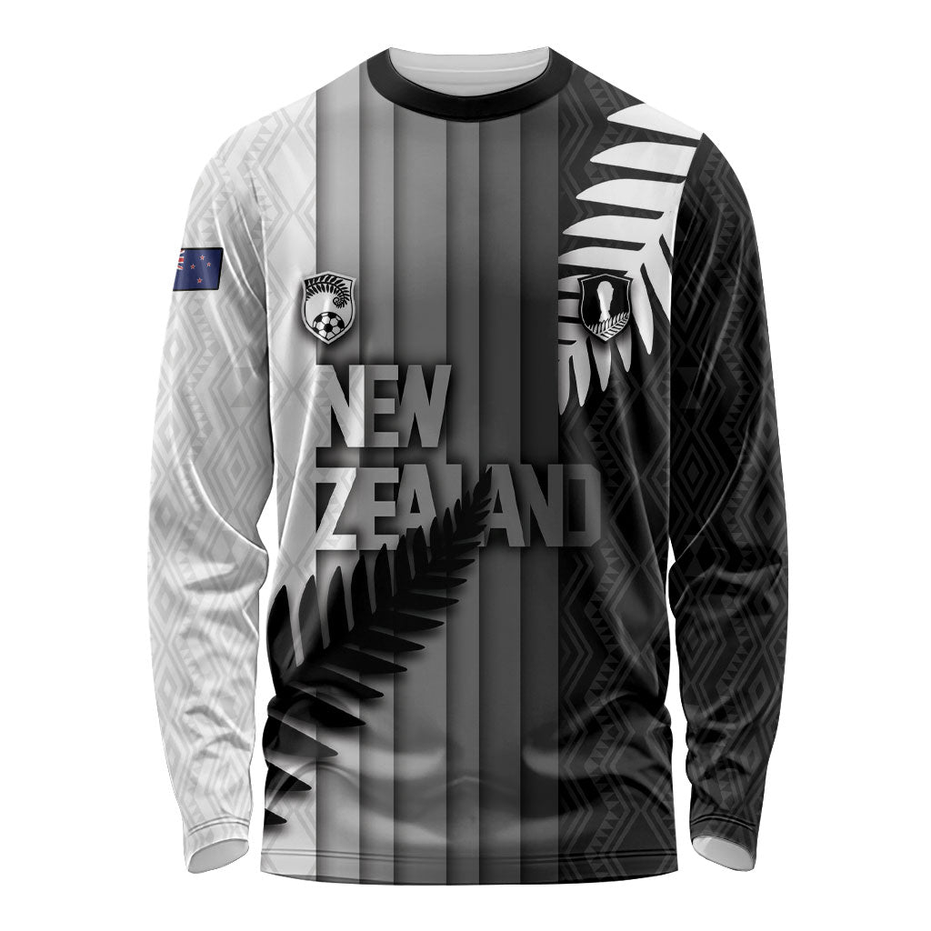Custom New Zealand Football Long Sleeve Shirt Silver Fern Maori Pattern Monochrome