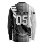 Custom New Zealand Football Long Sleeve Shirt Silver Fern Maori Pattern Monochrome