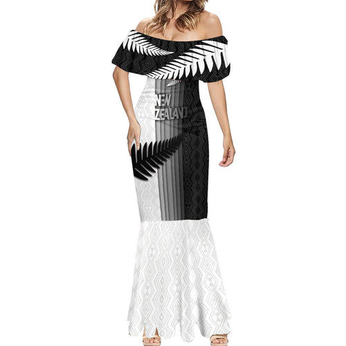 Custom New Zealand Football Mermaid Dress Silver Fern Maori Pattern Monochrome