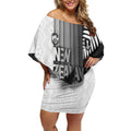 Custom New Zealand Football Off Shoulder Short Dress Silver Fern Maori Pattern Monochrome