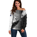 Custom New Zealand Football Off Shoulder Sweater Silver Fern Maori Pattern Monochrome