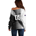 Custom New Zealand Football Off Shoulder Sweater Silver Fern Maori Pattern Monochrome