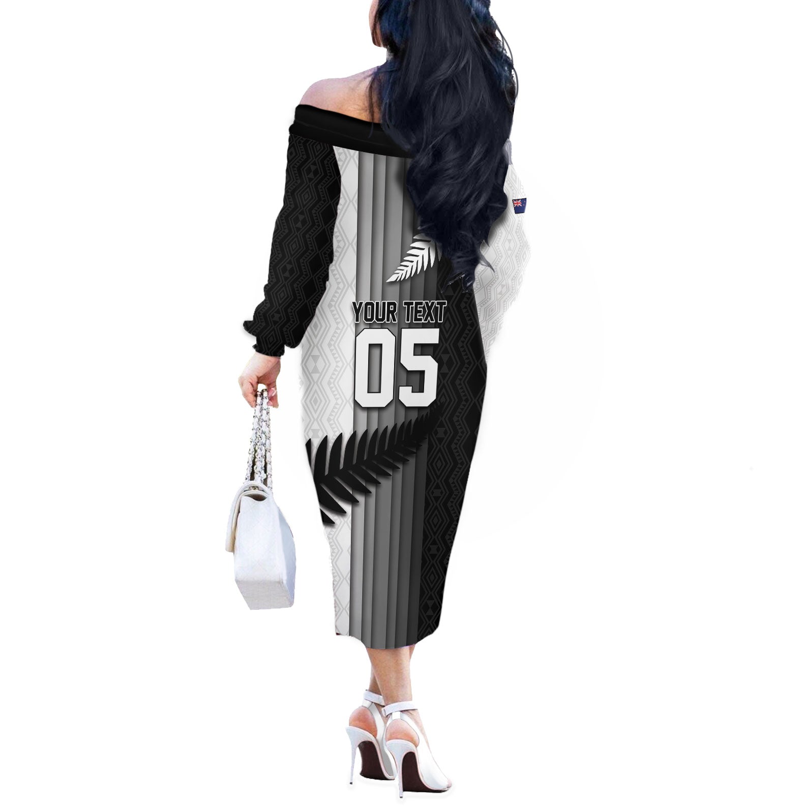 Custom New Zealand Football Off The Shoulder Long Sleeve Dress Silver Fern Maori Pattern Monochrome