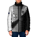 Custom New Zealand Football Padded Jacket Silver Fern Maori Pattern Monochrome