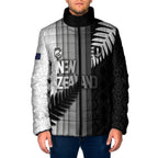 Custom New Zealand Football Padded Jacket Silver Fern Maori Pattern Monochrome