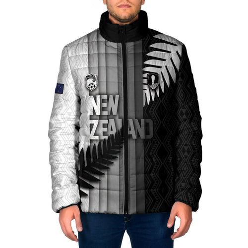 Custom New Zealand Football Padded Jacket Silver Fern Maori Pattern Monochrome