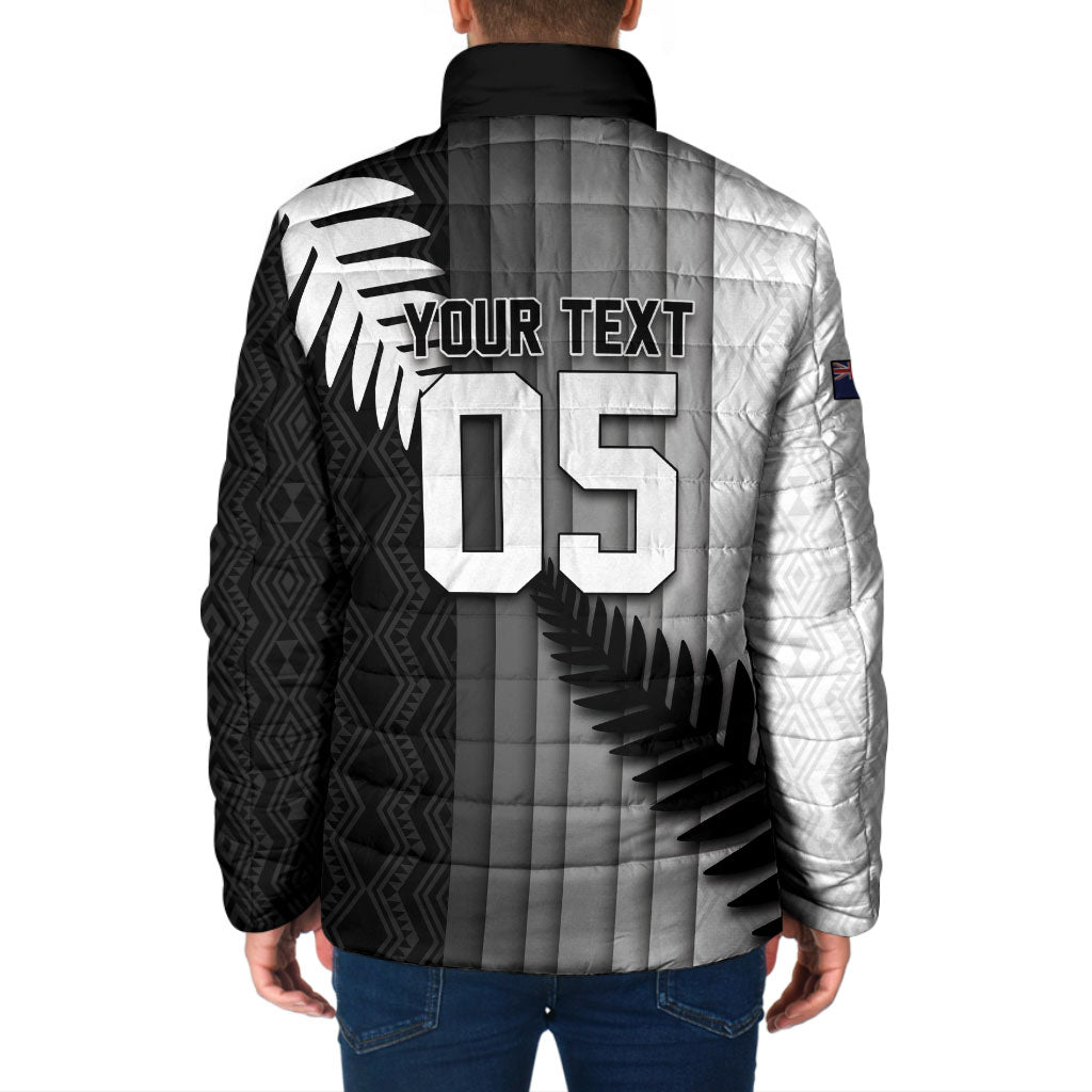 Custom New Zealand Football Padded Jacket Silver Fern Maori Pattern Monochrome