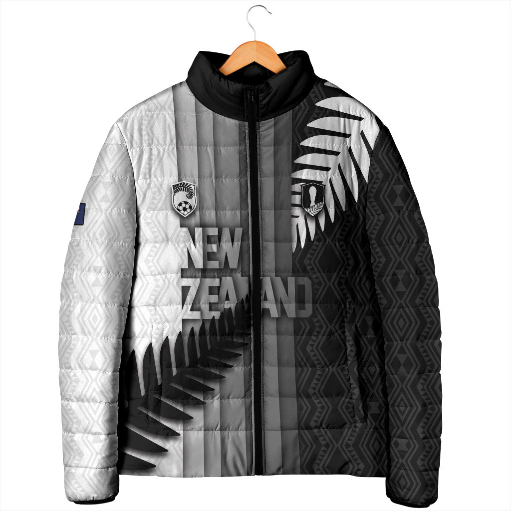 Custom New Zealand Football Padded Jacket Silver Fern Maori Pattern Monochrome