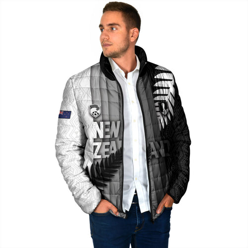 Custom New Zealand Football Padded Jacket Silver Fern Maori Pattern Monochrome