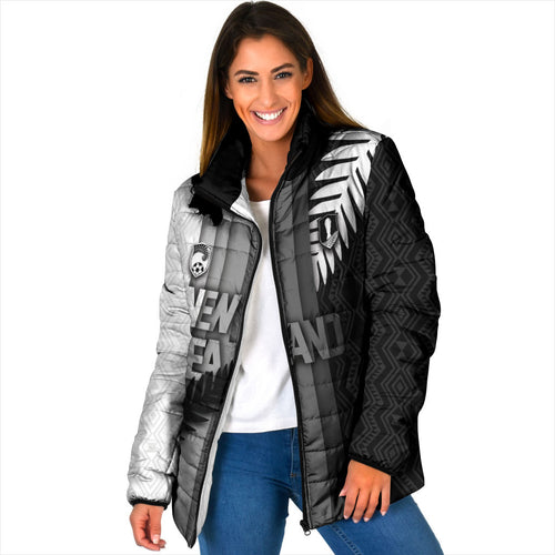 Custom New Zealand Football Padded Jacket Silver Fern Maori Pattern Monochrome