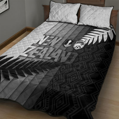 New Zealand Football Quilt Bed Set Silver Fern Maori Pattern Monochrome