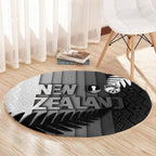 New Zealand Football Round Carpet Silver Fern Maori Pattern Monochrome