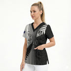Custom New Zealand Football Scrub Top Silver Fern Maori Pattern Monochrome