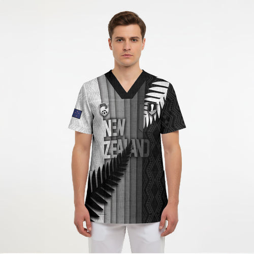 Custom New Zealand Football Scrub Top Silver Fern Maori Pattern Monochrome