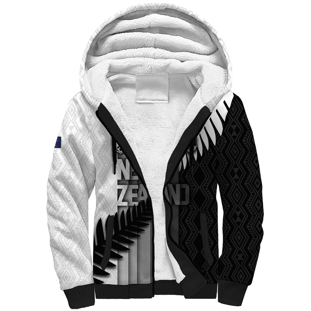 Custom New Zealand Football Sherpa Hoodie Silver Fern Maori Pattern Monochrome