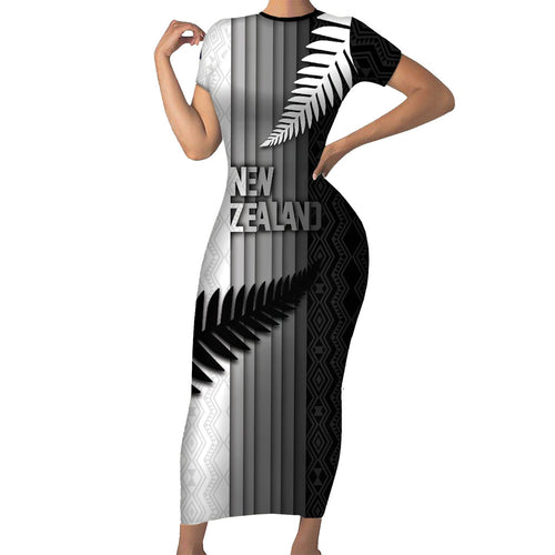 Custom New Zealand Football Short Sleeve Bodycon Dress Silver Fern Maori Pattern Monochrome