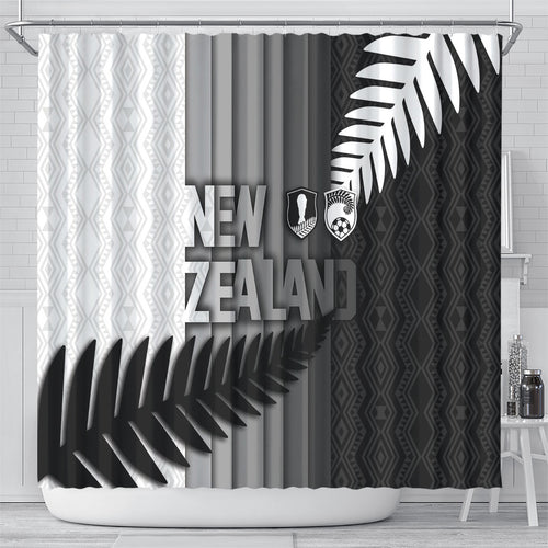 New Zealand Football Shower Curtain Silver Fern Maori Pattern Monochrome