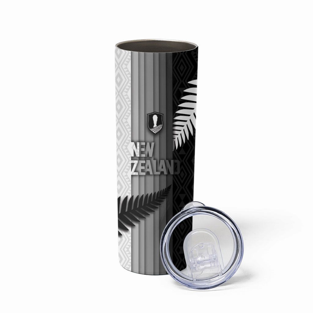 Custom New Zealand Football Skinny Tumbler Silver Fern Maori Pattern Monochrome