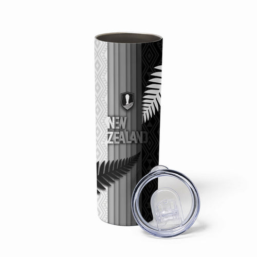 Custom New Zealand Football Skinny Tumbler Silver Fern Maori Pattern Monochrome