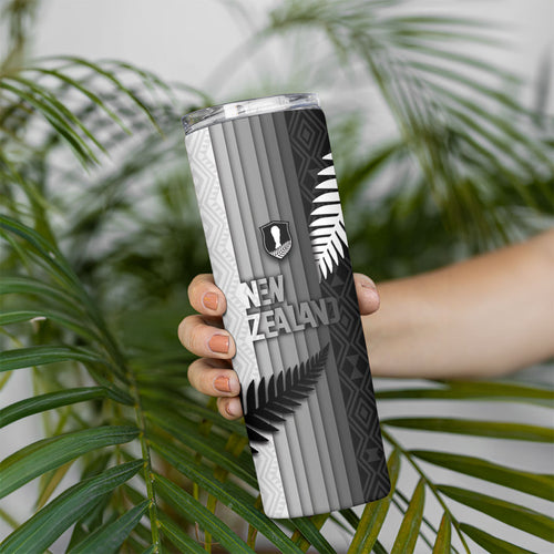 Custom New Zealand Football Skinny Tumbler Silver Fern Maori Pattern Monochrome