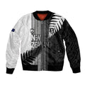 Custom New Zealand Football Sleeve Zip Bomber Jacket Silver Fern Maori Pattern Monochrome