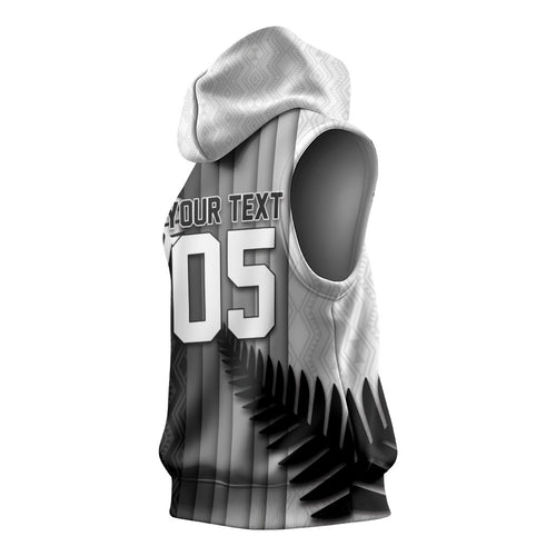 Custom New Zealand Football Sleeveless Hoodie Silver Fern Maori Pattern Monochrome