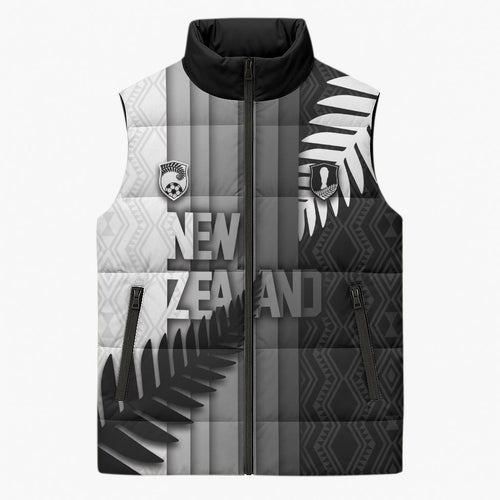 Custom New Zealand Football Sleeveless Puffer Jacket Silver Fern Maori Pattern Monochrome