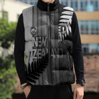 Custom New Zealand Football Sleeveless Puffer Jacket Silver Fern Maori Pattern Monochrome