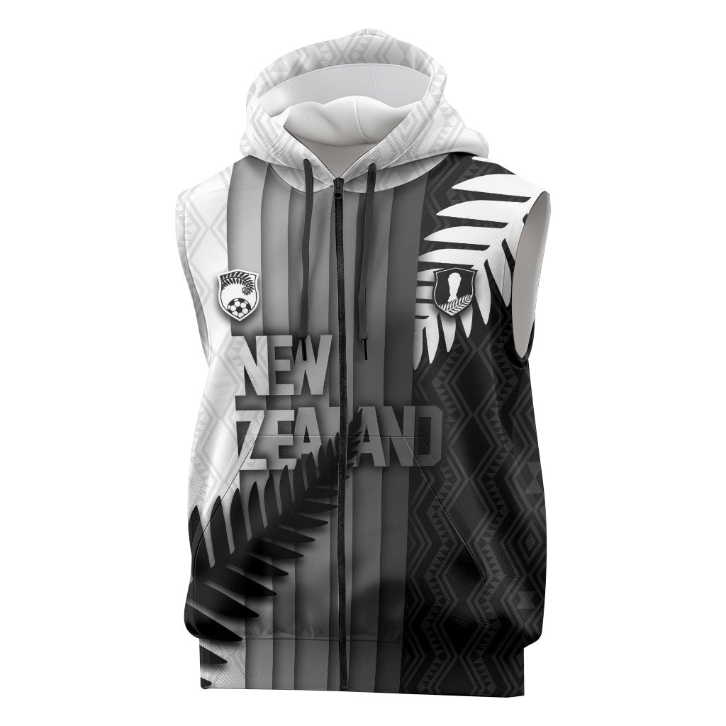 Custom New Zealand Football Sleeveless Zip Hoodie Silver Fern Maori Pattern Monochrome