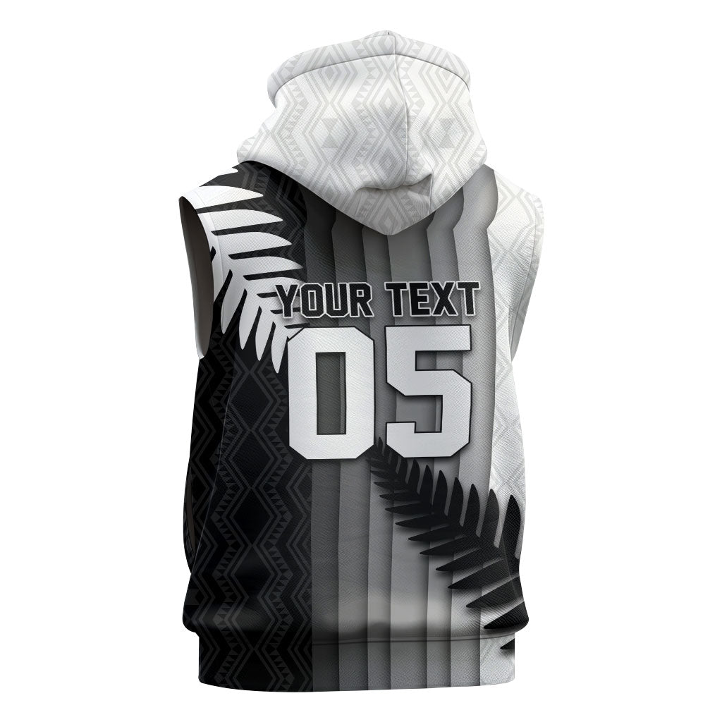 Custom New Zealand Football Sleeveless Zip Hoodie Silver Fern Maori Pattern Monochrome
