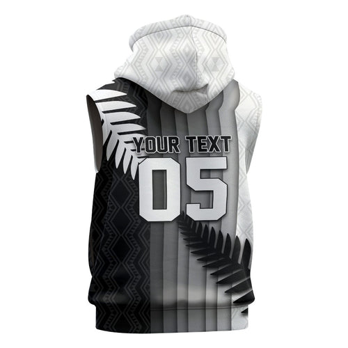 Custom New Zealand Football Sleeveless Zip Hoodie Silver Fern Maori Pattern Monochrome