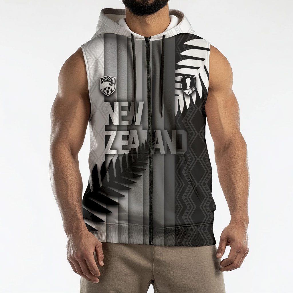Custom New Zealand Football Sleeveless Zip Hoodie Silver Fern Maori Pattern Monochrome