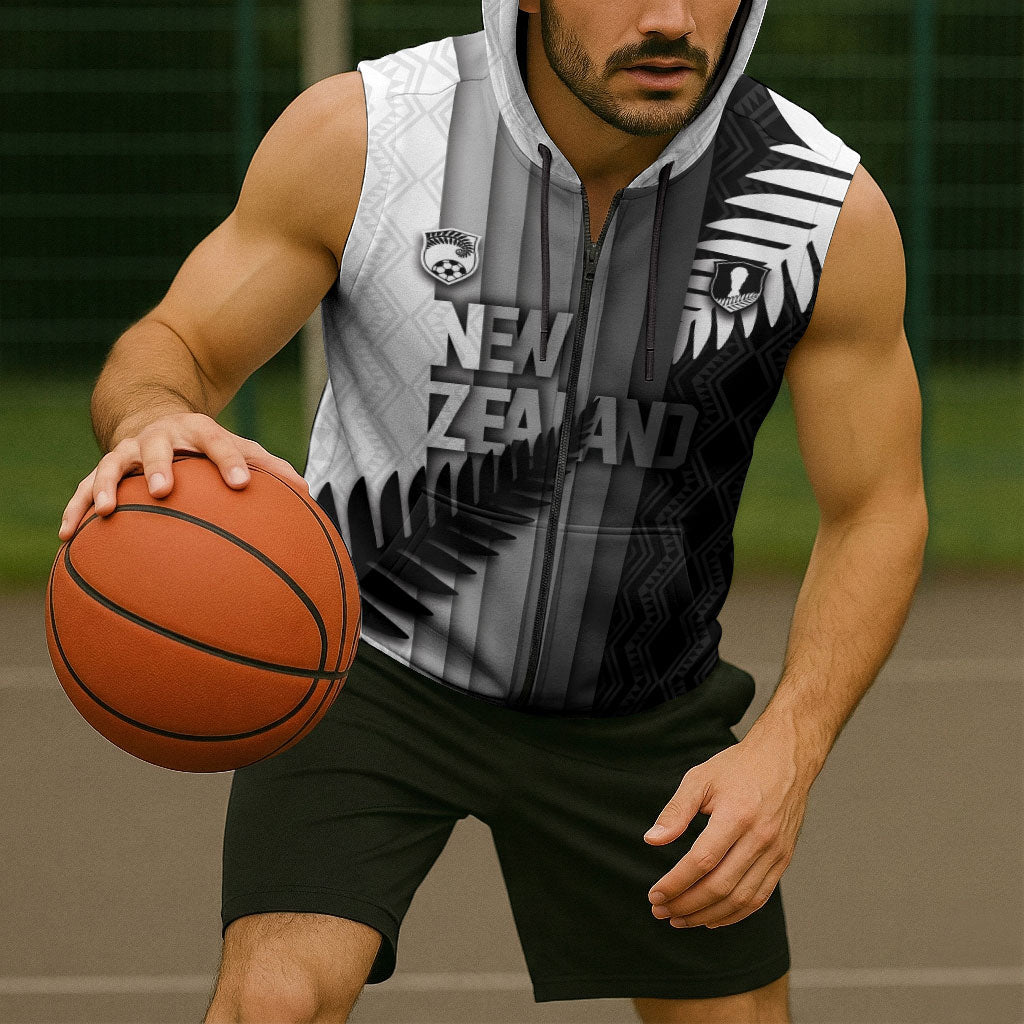 Custom New Zealand Football Sleeveless Zip Hoodie Silver Fern Maori Pattern Monochrome