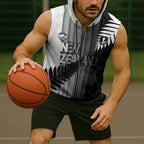 Custom New Zealand Football Sleeveless Zip Hoodie Silver Fern Maori Pattern Monochrome