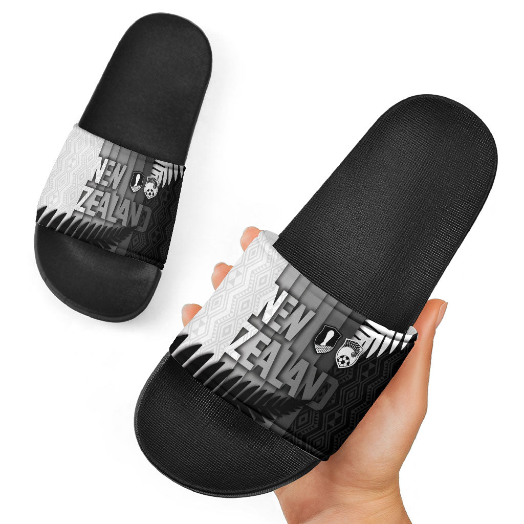 New Zealand Football Slide Sandals Silver Fern Maori Pattern Monochrome