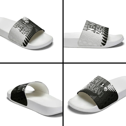 New Zealand Football Slide Sandals Silver Fern Maori Pattern Monochrome