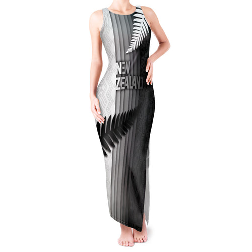 Custom New Zealand Football Tank Maxi Dress Silver Fern Maori Pattern Monochrome