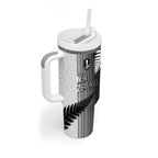 Custom New Zealand Football Tumbler With Handle Silver Fern Maori Pattern Monochrome