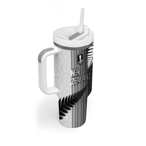 Custom New Zealand Football Tumbler With Handle Silver Fern Maori Pattern Monochrome