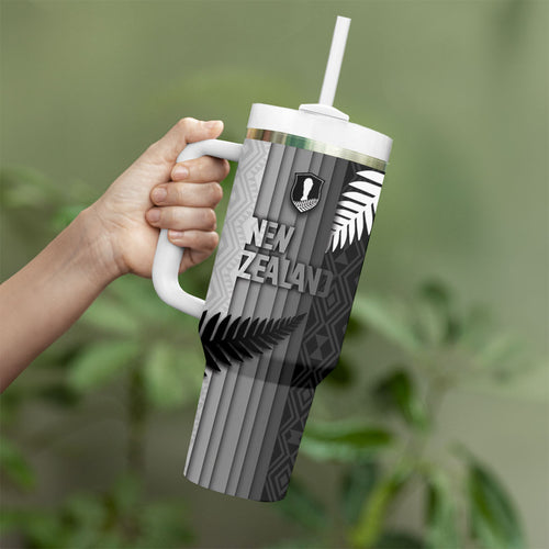 Custom New Zealand Football Tumbler With Handle Silver Fern Maori Pattern Monochrome