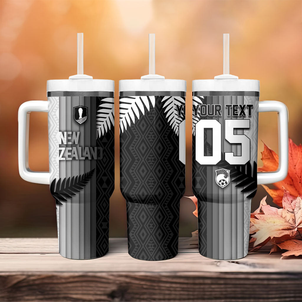 Custom New Zealand Football Tumbler With Handle Silver Fern Maori Pattern Monochrome