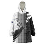 Custom New Zealand Football Wearable Blanket Hoodie Silver Fern Maori Pattern Monochrome