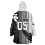 Custom New Zealand Football Wearable Blanket Hoodie Silver Fern Maori Pattern Monochrome
