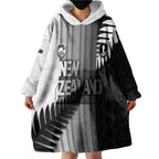 Custom New Zealand Football Wearable Blanket Hoodie Silver Fern Maori Pattern Monochrome