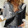 Custom New Zealand Football Women Casual Shirt Silver Fern Maori Pattern Monochrome