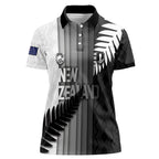 Custom New Zealand Football Women Polo Shirt Silver Fern Maori Pattern Monochrome
