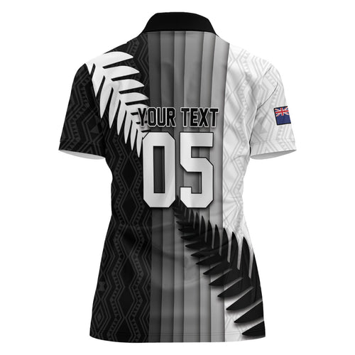 Custom New Zealand Football Women Polo Shirt Silver Fern Maori Pattern Monochrome
