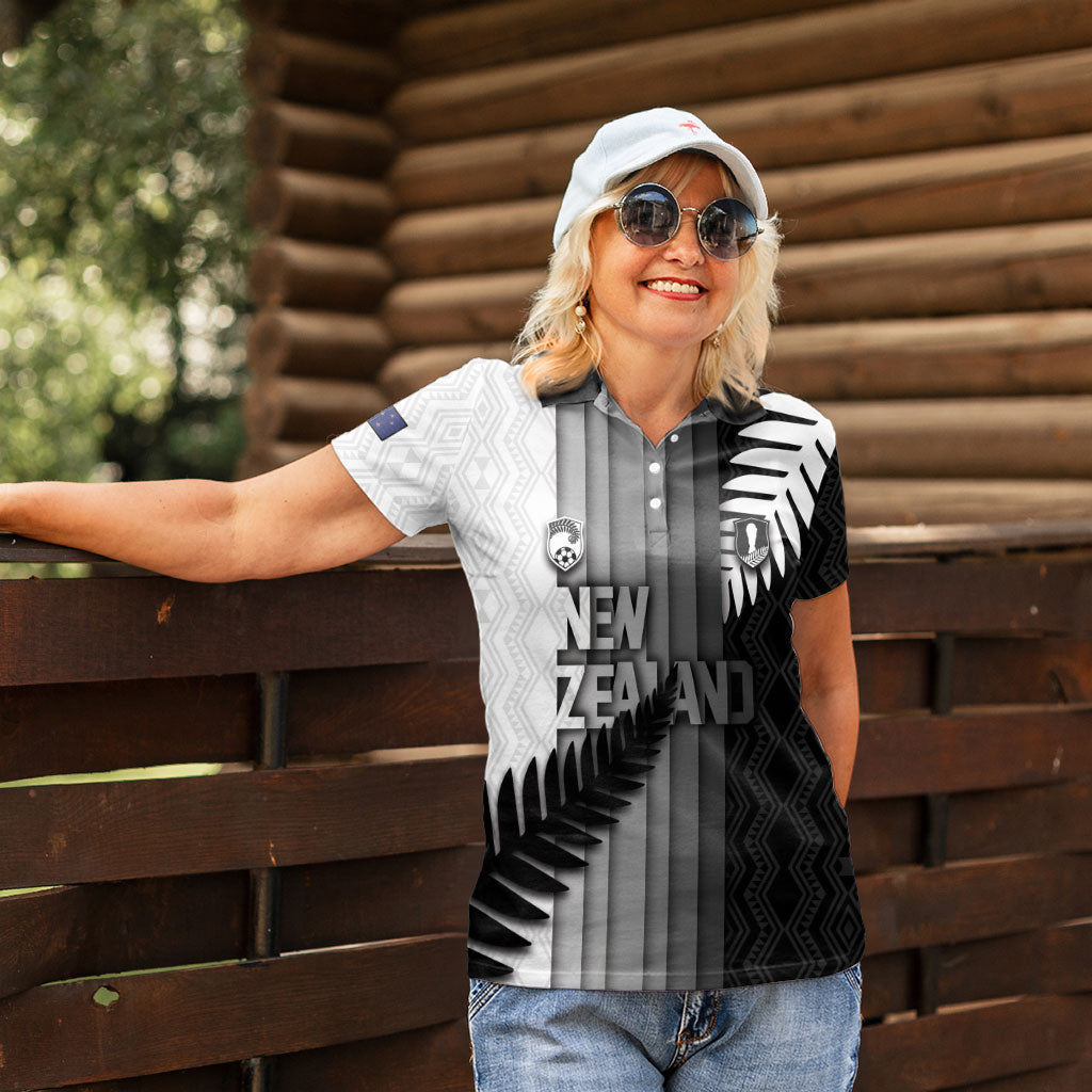 Custom New Zealand Football Women Polo Shirt Silver Fern Maori Pattern Monochrome
