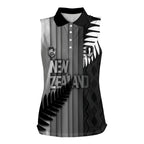 Custom New Zealand Football Women Sleeveless Polo Shirt Silver Fern Maori Pattern Monochrome