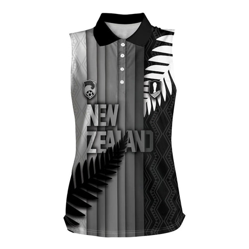 Custom New Zealand Football Women Sleeveless Polo Shirt Silver Fern Maori Pattern Monochrome